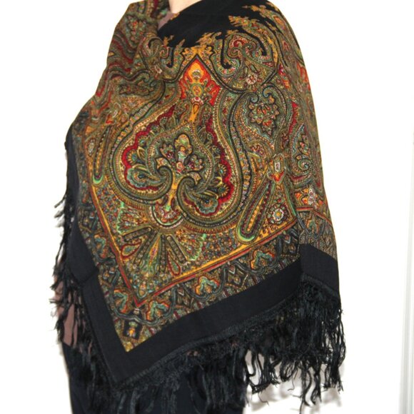 VTG Wool Wrap Black Background Colorful Square Shawl Silk Fringes Japan 37x37 - Picture 1 of 11
